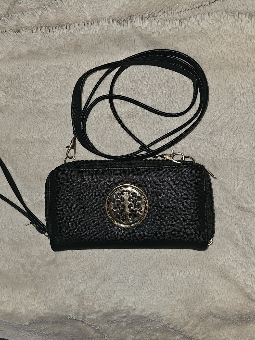 Black Crossbody Wristlet Wallet with Gold Emblem